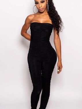 Strapless Ruched Black Jumpsuit